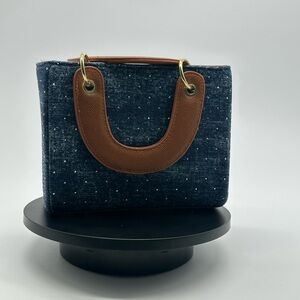 Classic Navy Denim glitter with Brown Leather Handles